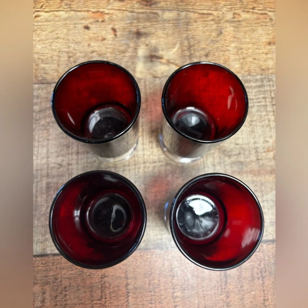 4 Vintage Ruby Red LUMINARC FRANCE Arcoroc Clear footed 3.75” Cordial glasses